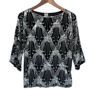 Vintage Retro Black Hand-Beaded Sequin Women's Top 100% Silk Size Medium